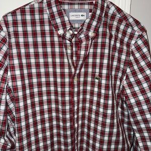 Lacoste Men's Red and White Plaid Shirt